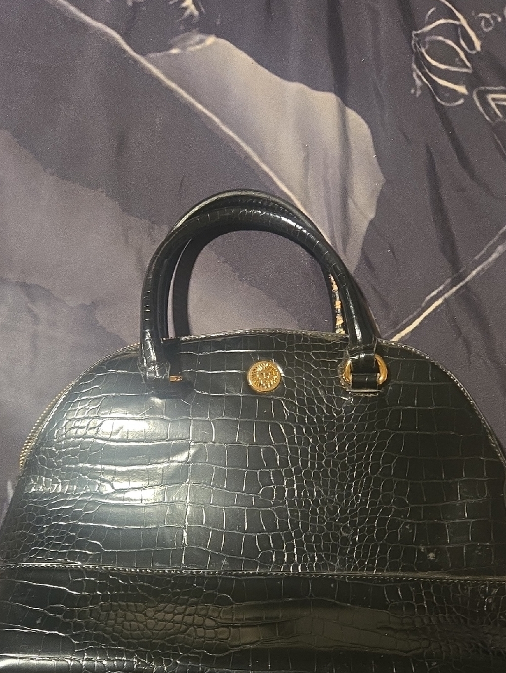 Anne Klein Black Croc-Embossed Top-Handle Satchel with Gold Accents And